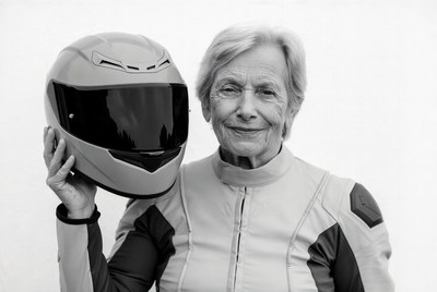 Elderly woman holding motorcycle helmet