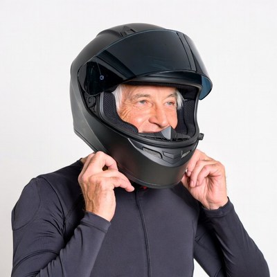 Elderly man adjusting black helmet