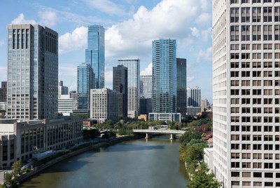 City skyline with river and bridge