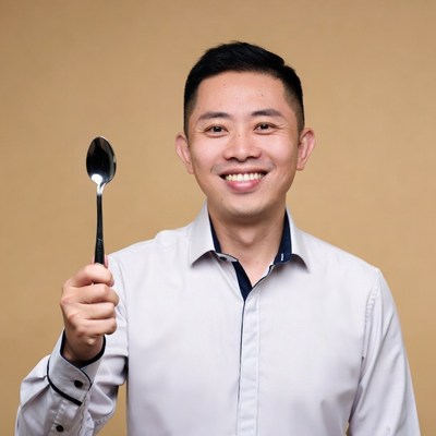Asian man holding spoon