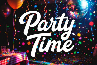 Party Time Text with Disco Ball