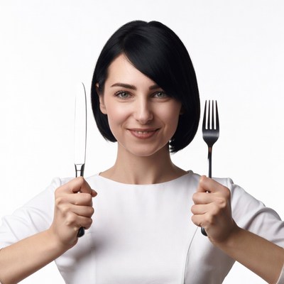 Woman holding fork and knife