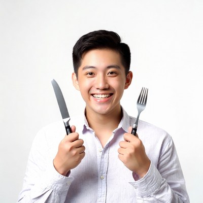 Asian man holding knife and fork