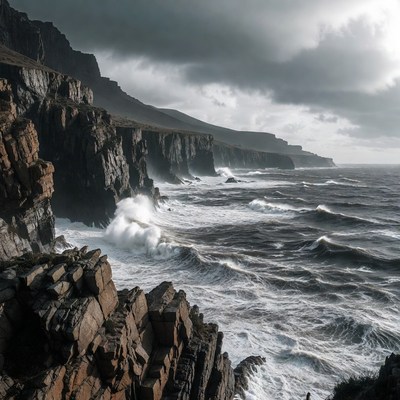Stormy Ocean Crashing Against Red Cliffs