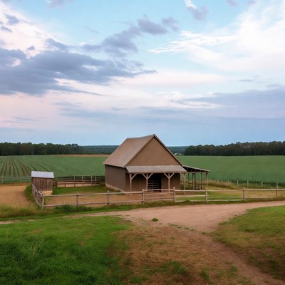 Wooden Barn in Green Fields