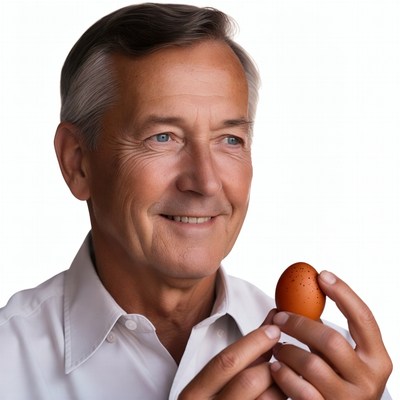 Senior man holding brown egg