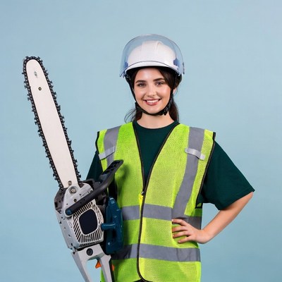 Woman holding chainsaw in safety vest