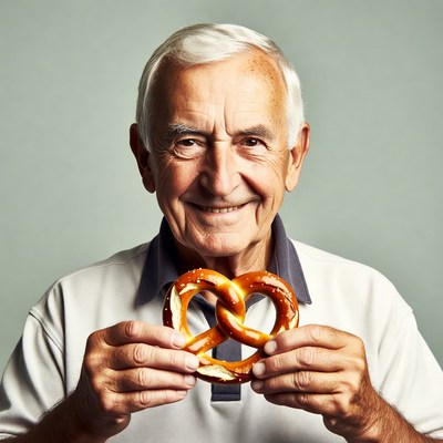 Elderly man holding pretzel