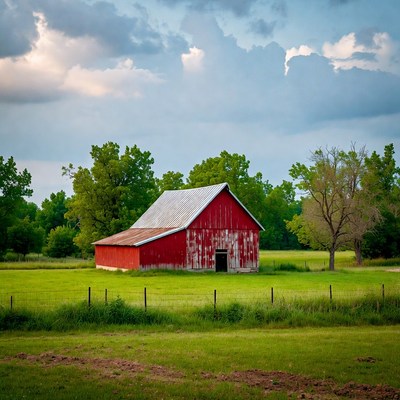 Red Barn in Green Field
