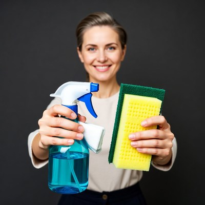 Woman holding spray bottle and sponge