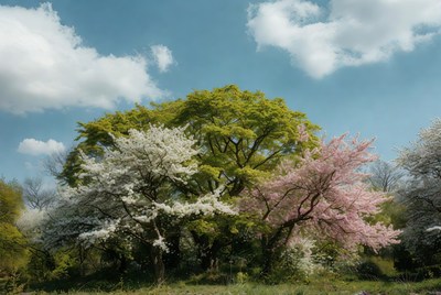 Cherry Blossom Trees in Spring Landscape