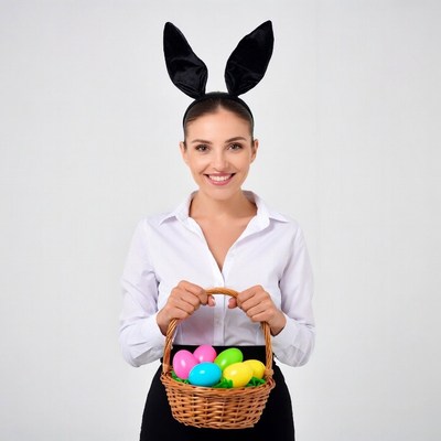 Woman with bunny ears holding Easter basket