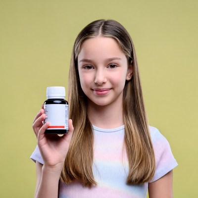 Girl holding blank pill bottle