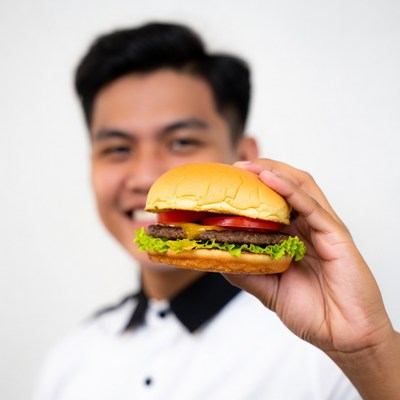 Asian man holding burger