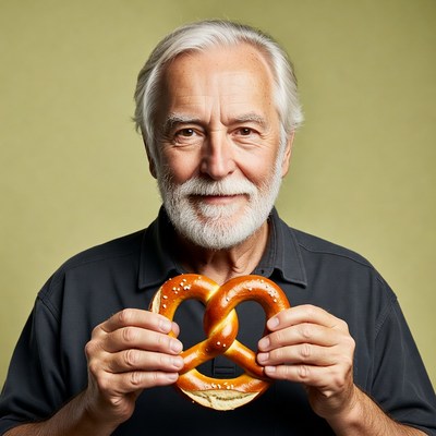 Elderly man holding pretzel
