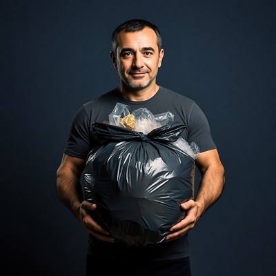 Man holding black trash bag