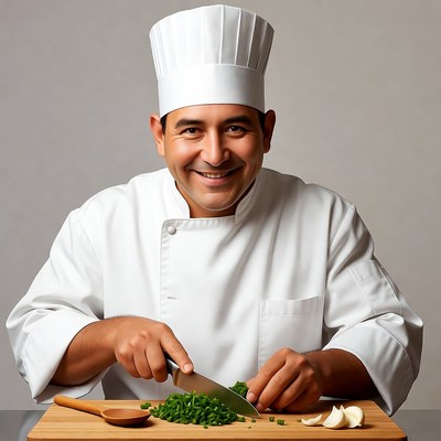 Chef chopping green onions garlic