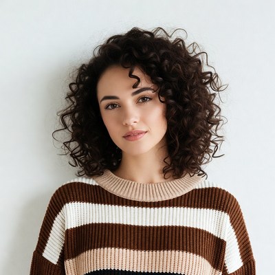 Woman with curly hair in striped sweater