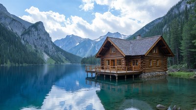 Log cabin on lake amid mountains