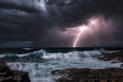 Lightning Storm Over Ocean Rocks
