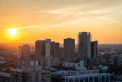 Sunset over city skyline