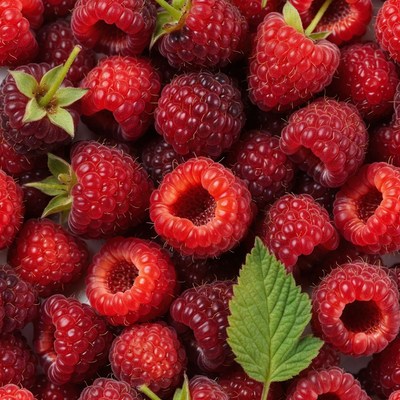 Fresh Ripe Raspberries with Leaves