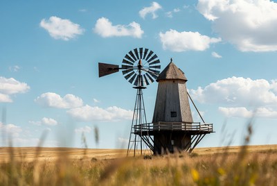 Rustic Windmill in Golden Wheat Field