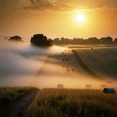 Hay bales in misty sunrise field