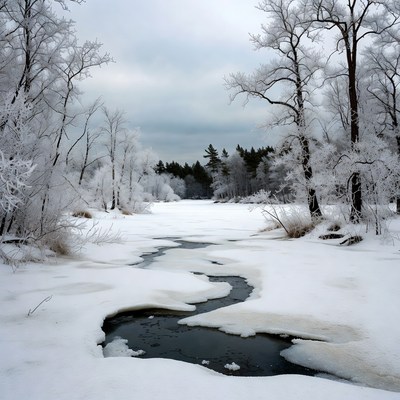 Frozen River in Snowy Forest