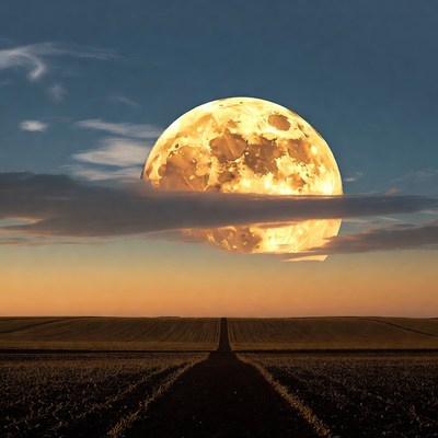 Large Full Moon Over Farm Field Path