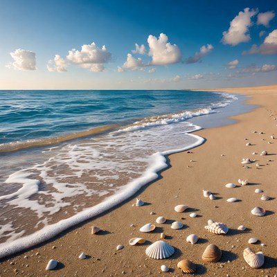 Seashells on sandy beach with waves