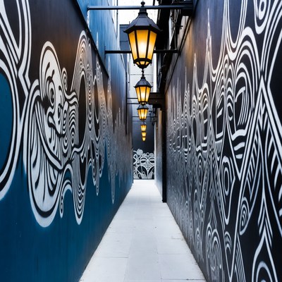 Narrow Alley with Graffiti Walls and Lanterns