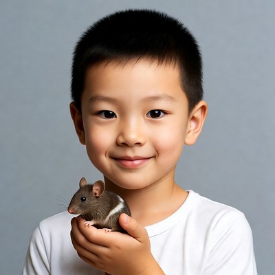 Asian boy holding pet mouse