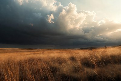 Golden Grass Field Under Dramatic Storm Clouds
