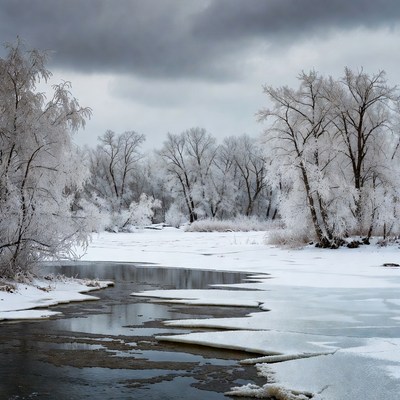 Frost-covered trees by frozen river