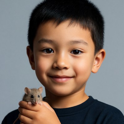 Asian boy holding cute mouse