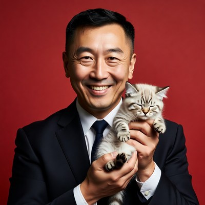 Asian man holding kitten