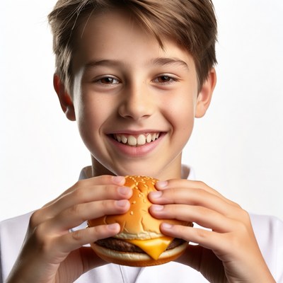 Boy holding burger smiling