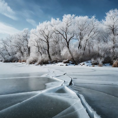 Cracked Ice on Frozen Lake with Frosted Trees