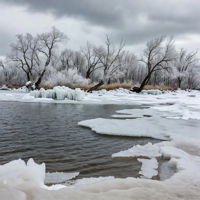 Frozen River with Snowy Trees