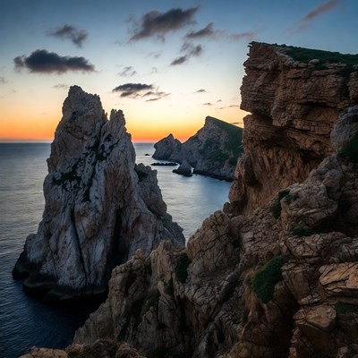 Dramatic rocky cliffs at sunset over sea