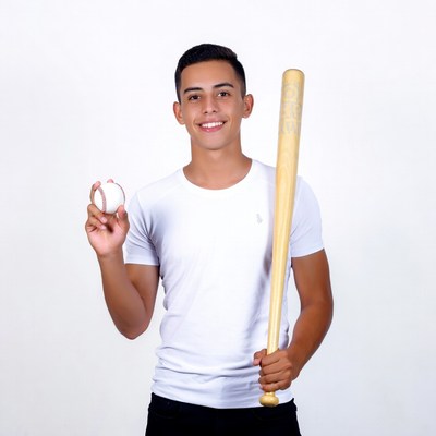 Young man holding baseball bat and ball
