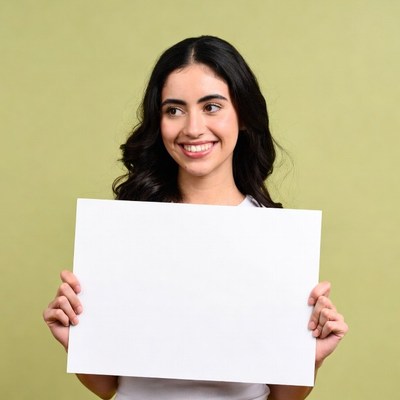 Smiling woman holding blank sign