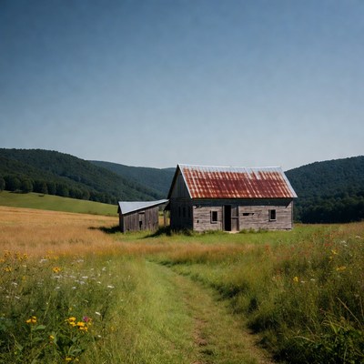 Rustic red barn in green valley