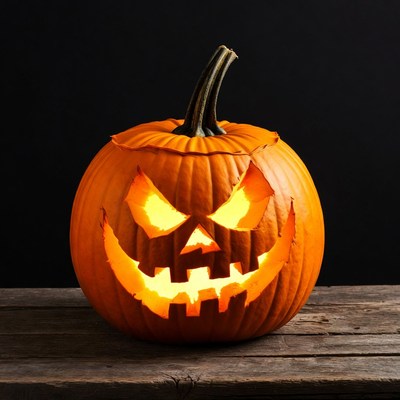 Lit Jack-o'-lantern on wooden table
