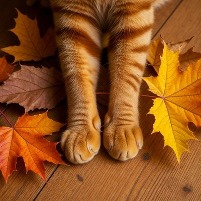 Orange tabby cat paws on autumn leaves