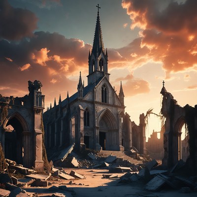 Ruined Gothic Church at Sunset
