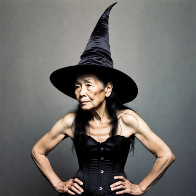 Elderly Asian woman in witch costume