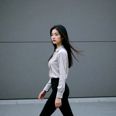 Asian woman walking in beige blouse
