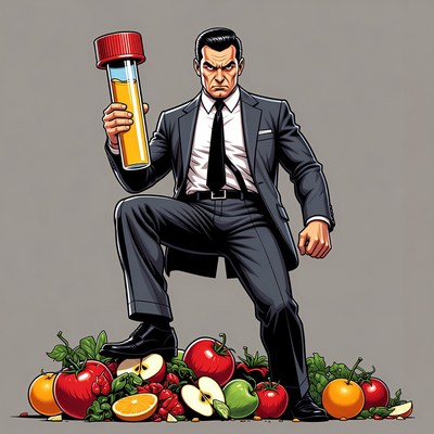 Man in suit holding test tube on fruits